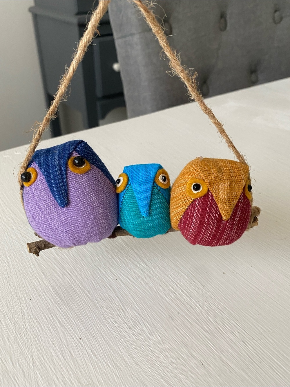 Colorful Fabric Owl Trio on a Branch Christmas Ornament - Farmhouse Rustic